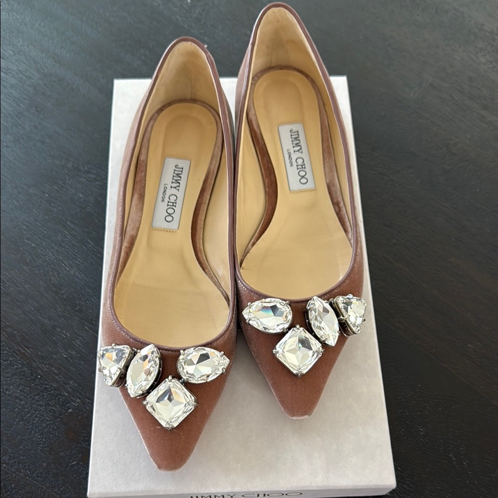 Jimmy Choo Brown Pointed Toe Jeweled Flats